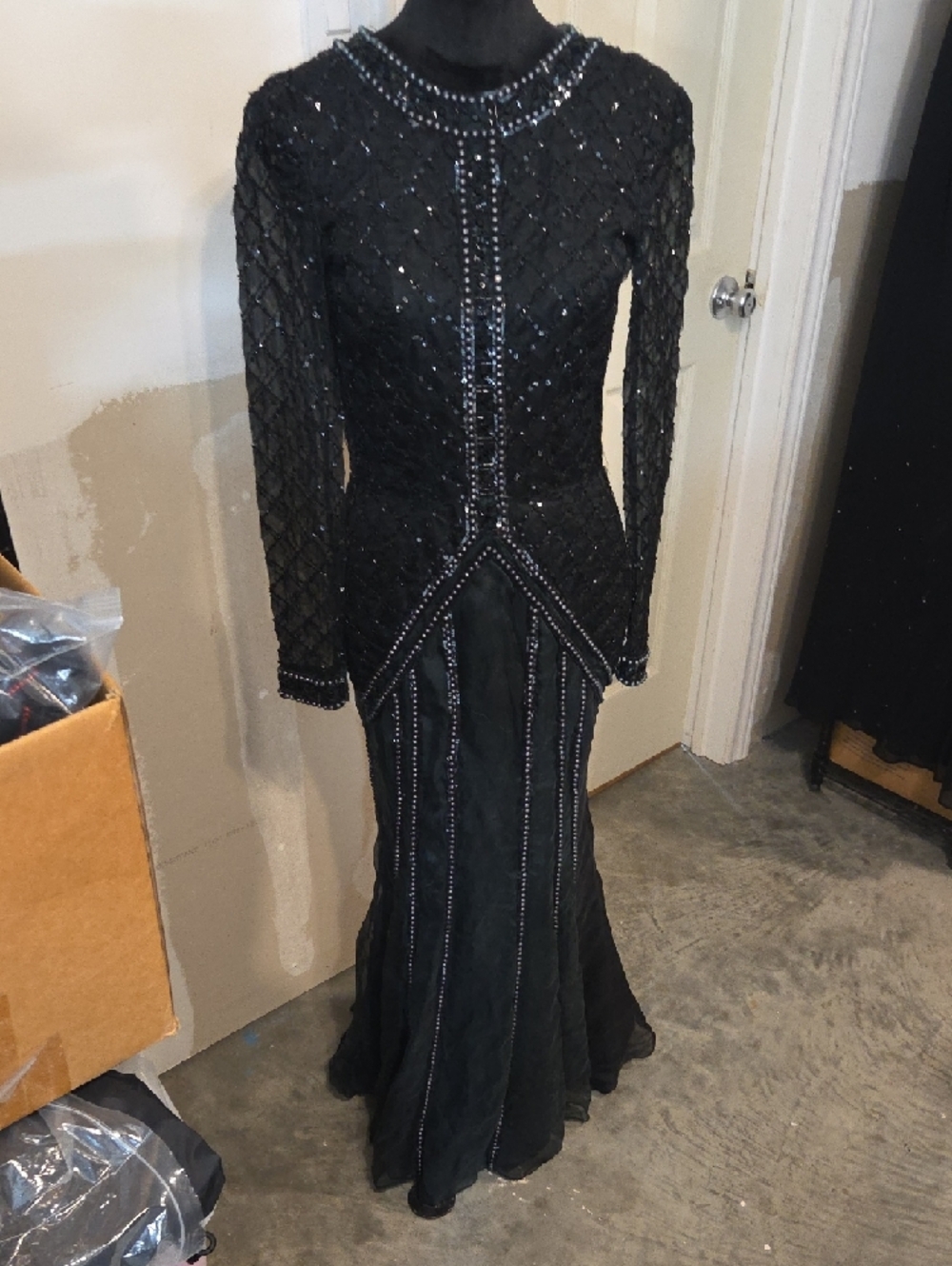 Boho Black Long Sleeve Beaded Evening Gown Festival Fairy Tulle Skirt Open Back - Picture 12 of 16